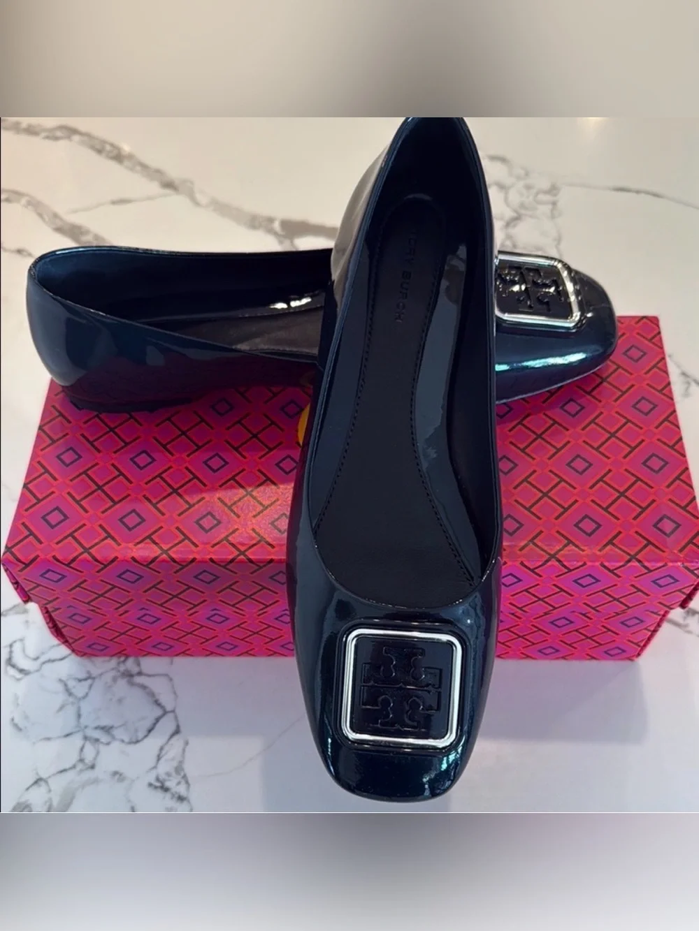 Tory Burch Georgia Patent Leather Logo Square-Toe Ballet Flats